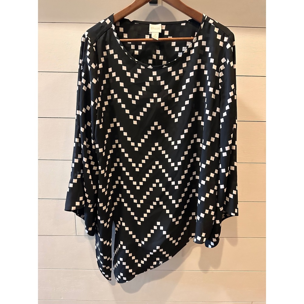 Chicos Black White Geometric Asymmetric Hem Blouse Chevron Top Size 2 L Large